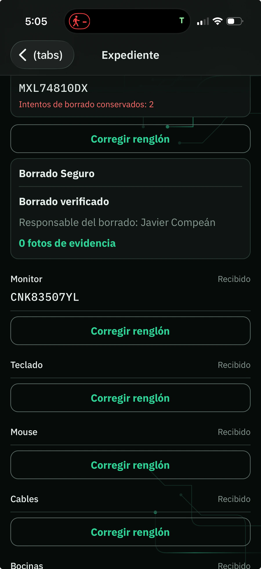 Recibidor TI device record with secure-erase status
