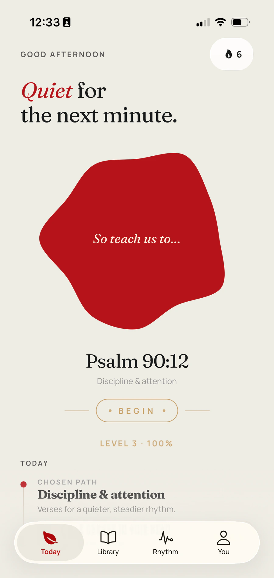 VerseGuard Today screen with a one-minute verse practice